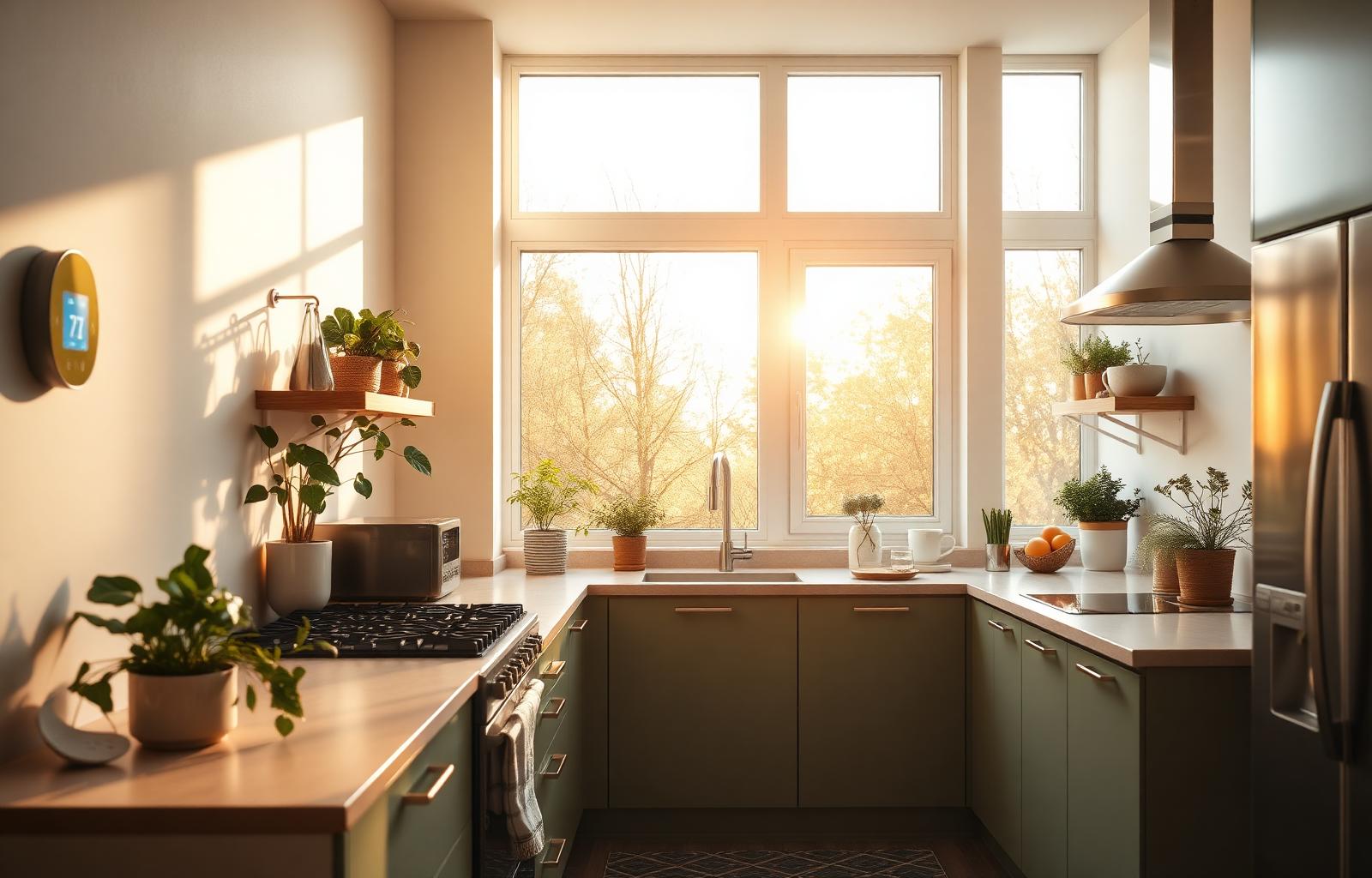 Energy-efficient modern kitchen with smart thermostat